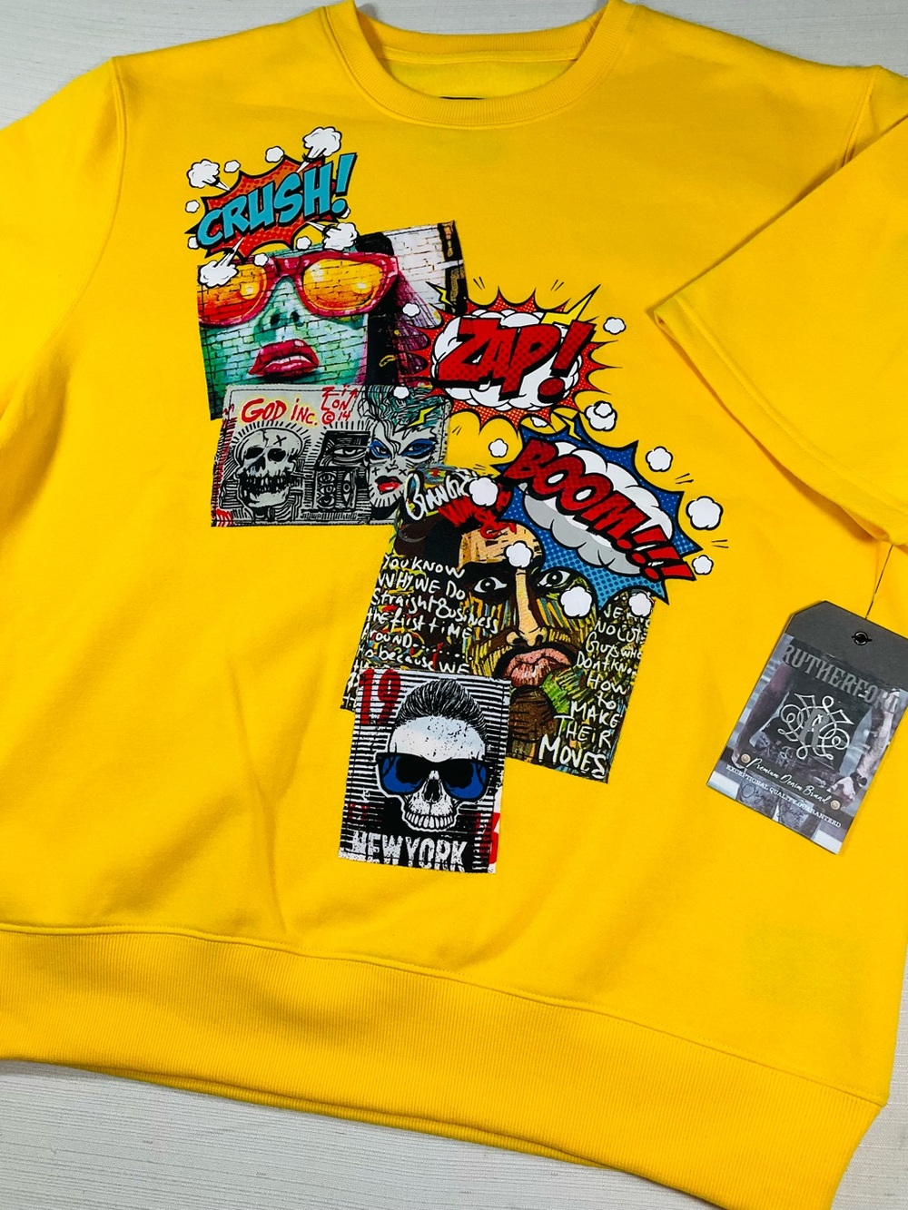 NWT RUTHERFORD Mens Oversized Comic-Con Punk Street Yellow Crew Sweatshirt Top